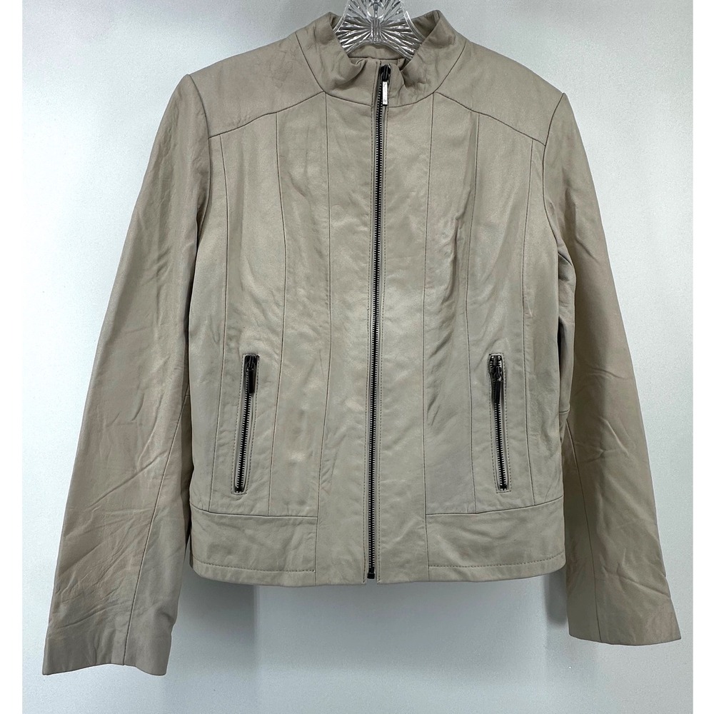 Wilsons Leather Womens Beige Genuine Leather Moto Jacket Small RN69426 Layering